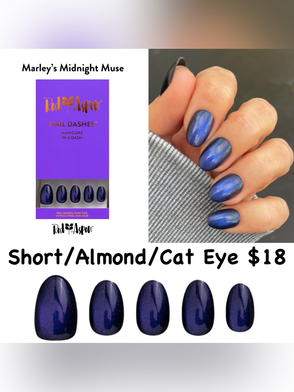 Red Aspen Marley’s Midnight Muse - Short Almond Cat Eye Press-On Nails (Blue)